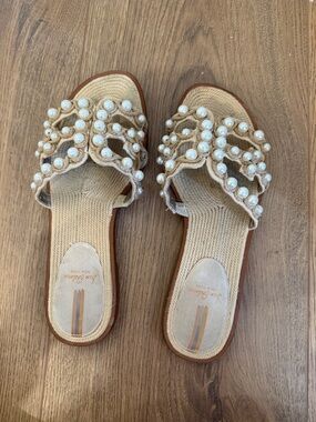 Sam Edelman Pearl-Embellished Woven Slide Sandals in Beige